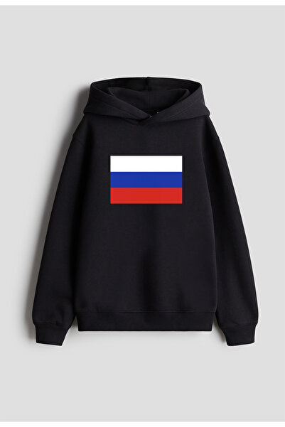 MODA هوديي بقلنسوة أسود مطبوع عليه علم روسيا للنساء والرجال والأطفال