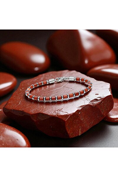 FM Red Jasper & Silver Hematite Stone Adjustable Steel Chain Men's Bracelet 31832B10D4M5