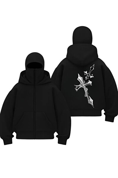 1blood سترة كارديجان سوداء مطبوعة من هاكس كرايس بتصميم قناع الثلج الساموراي