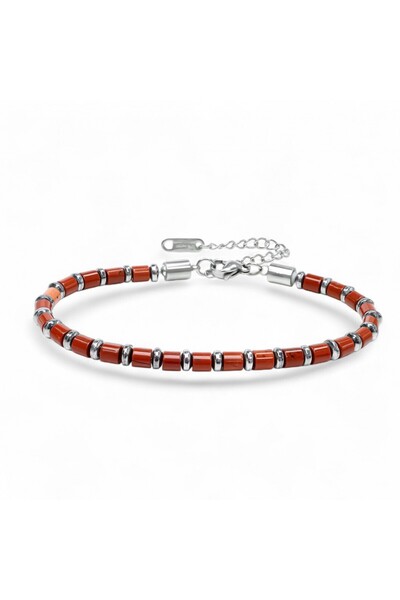 FM Red Jasper & Silver Hematite Stone Adjustable Steel Chain Men's Bracelet 31832B10D4M5