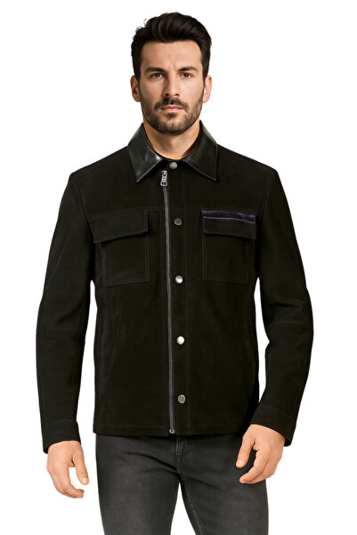 DERİJE Oscar Hakiki Süet Deri Erkek Siyah Deri Detaylı Ceket