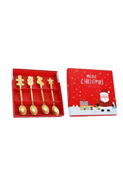 OEM Set of 4 Spoons, Christmas Theme, Stainless Steel, 4 Festive Gold Designs