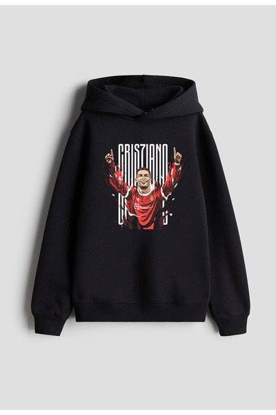 MODA Futbolcu Ronaldo Baskılı Erkek Çocuk Siyah Kapüşonlu Sweatshirt Hoodie