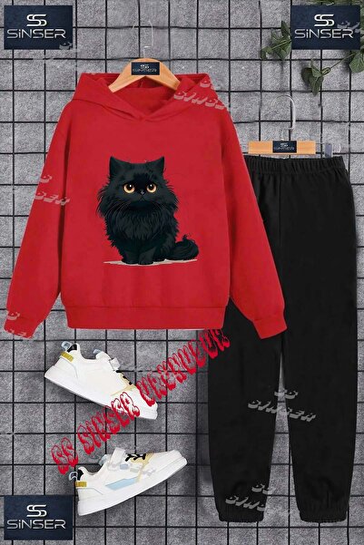SS SİNSER Детски унисекс комплект спортен екип с качулка и принт „ЧЕРНИ КОТКИ...