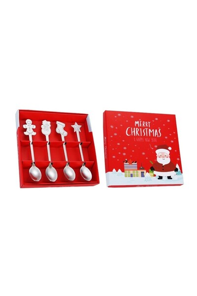OEM Set of 4 Spoons, Christmas Theme, Stainless Steel, 4 Festive Designs, Gift Box
