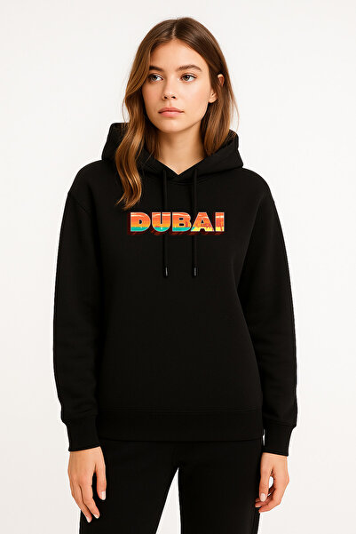 MODA Γυναικείο μαύρο φούτερ με κουκούλα Dubai Yazılı με τύπωμα με κουκούλα