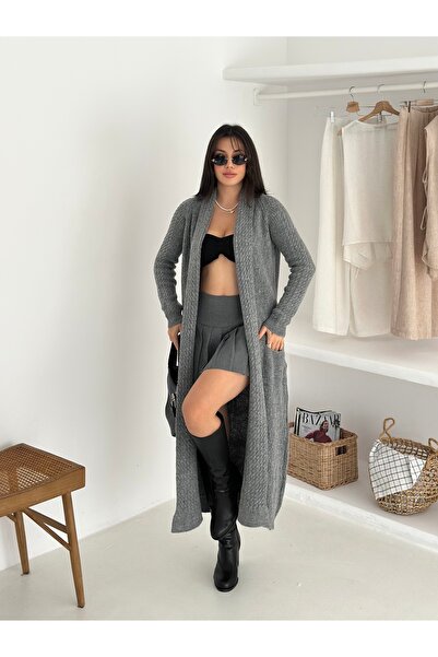 sportiness Double Pocket Shawl Collar Long Knitwear Fabric Cardigan