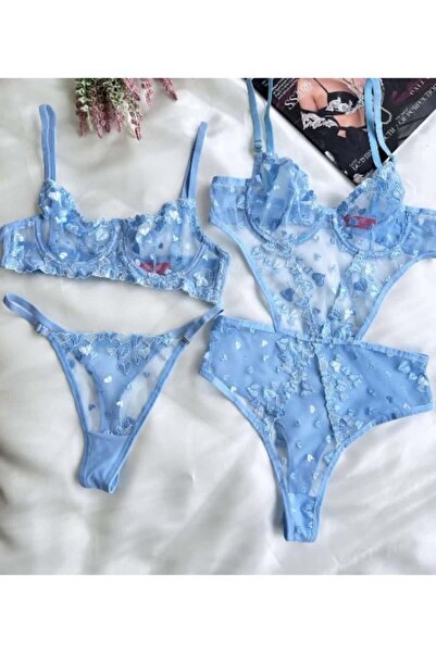 unbranded Mavi Balenli Kalp işlemeli Dantelli 2'li Bralet ve Bodysuit Seti