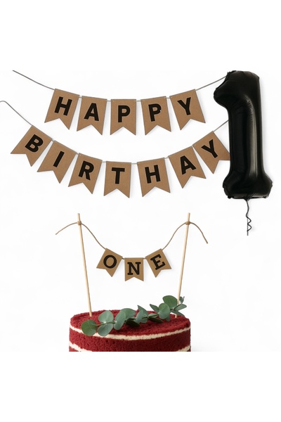 Partifabrik Happy Birthday Kraft Yazı ve One PASTA Süsü SET Rakam Balonlu