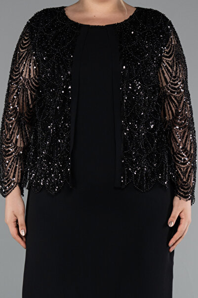 Abiyefon Siyah Taşlı Uzun Kol Midi Büyük Beden Davet Elbisesi ABK2417