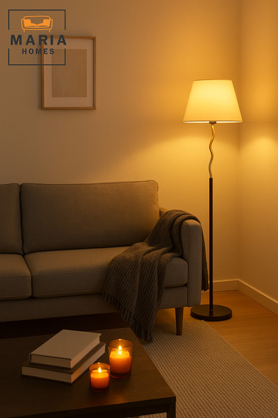 MARIA HOMES Modern Black & Gold Floor Lamp with White Shade – Elegant Standing Light for Living Room & Bedroom