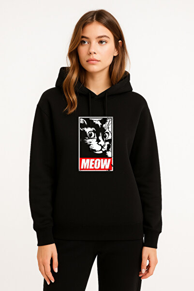 MODA سويت شيرت نسائي أسود بقلنسوة مطبوع عليه قطة كات ميو