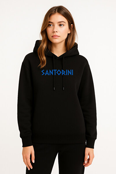 MODA سويت شيرت نسائي أسود بقلنسوة مطبوع عليه اليونان سانتوريني