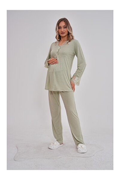 PREGNANT WORLD Women's Pistachio Green Special Design Lace Long Sleeve Cotton Maternity Pajama Set