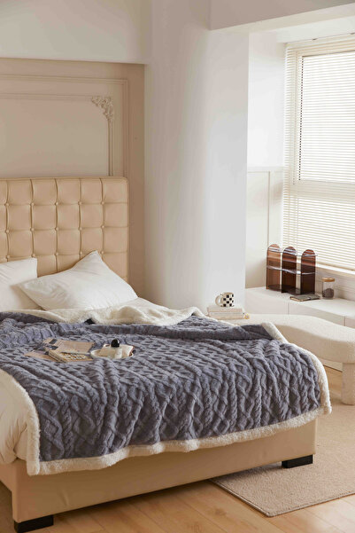 JOJO HOME Cocolino blanket with fur, Tricot type, 200x230cm, plush microfiber, Blue Grey