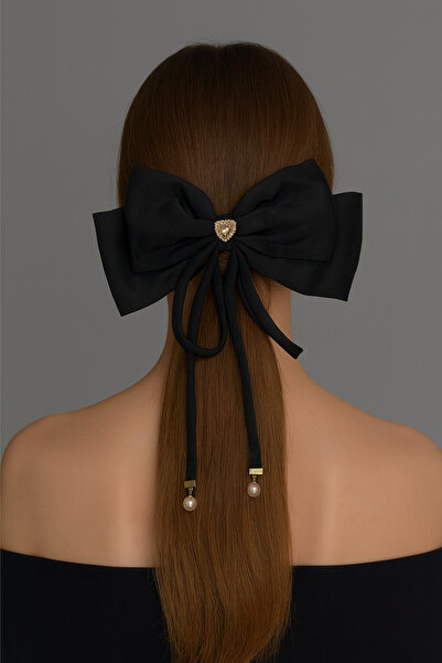 MD Moda Accessories مشبك شعر على شكل قلب مزين بحجر اللؤلؤ وفيونكة سوداء