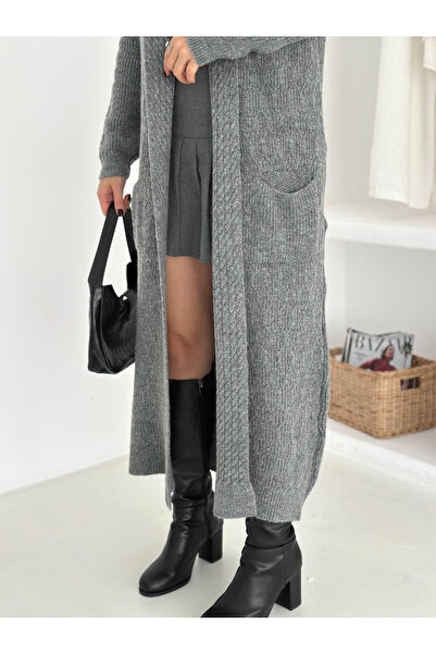 sportiness Çift Cepli Şal Yaka Uzun Triko Kumaş Hırka