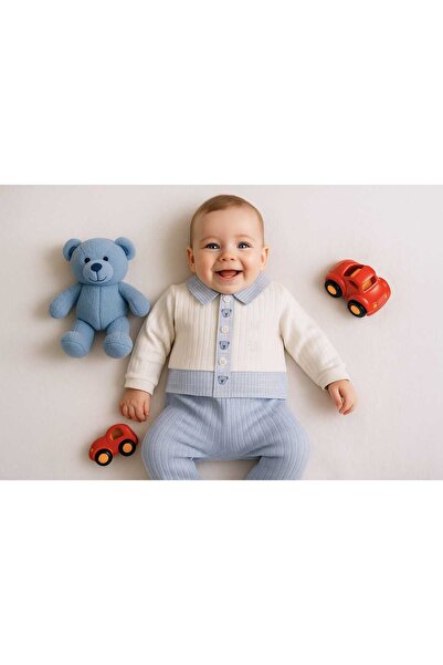Renata's Baby Boy Cute Teddy Bear Embroidered Blue and White 100% Cotton Romper
