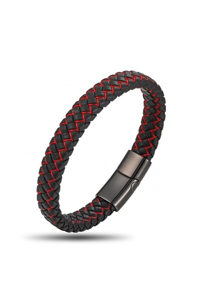 FM Red Black Leather Braided Steel Bracelet 31833B4D2