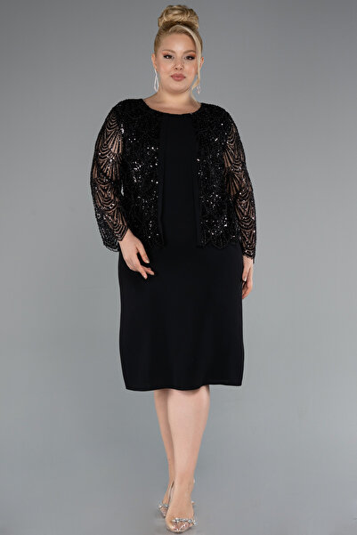 Abiyefon Siyah Taşlı Uzun Kol Midi Büyük Beden Davet Elbisesi ABK2417