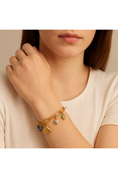 PİRLENTO سوار نسائي من الفولاذ مع سلسلة من الأصداف البحرية والأحجار ذات الألو...