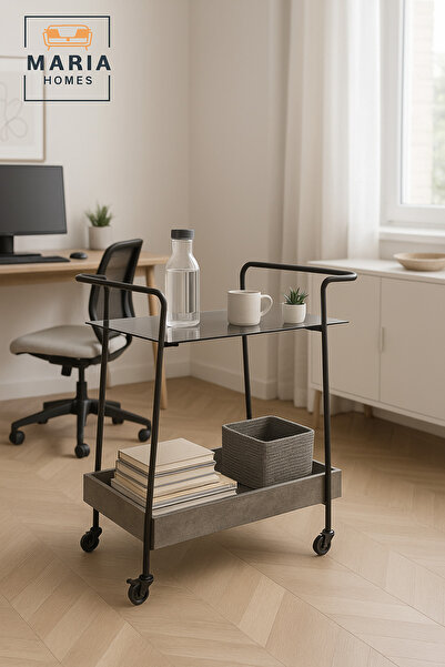 MARIA HOMES Gray Bar Trolley with Gray Glass Top – Modern Serving Cart with Wheels 70×45×85 cm