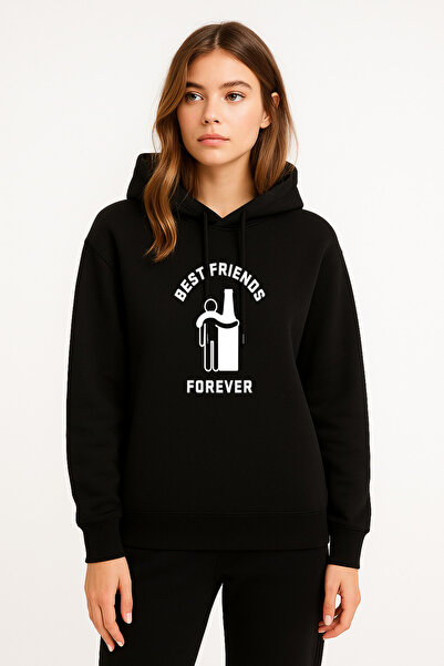 MODA Hanorac Forever Best Friends Beer cu imprimeu pentru femei, negru, cu gl...