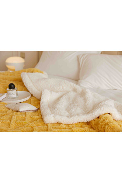 JOJO HOME Cocolino blanket with fur, Tricot type, 200x230cm, plush microfiber, Yellow