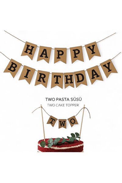 Partifabrik Happy Birthday Kraft Yazı ve Two PASTA Süsü SET