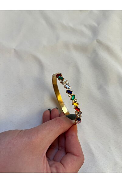 DUSHA JEWELRY Çelik Gold Renkli Taşlı İnce Kelepçe Bileklik