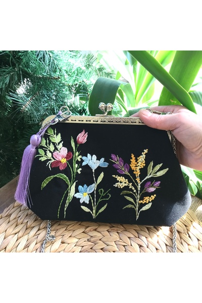 Home Black Linen Hand Embroidered Vintage Style Bag. Silver Color Chain Detailed. 100% Handmade 25X15 Size