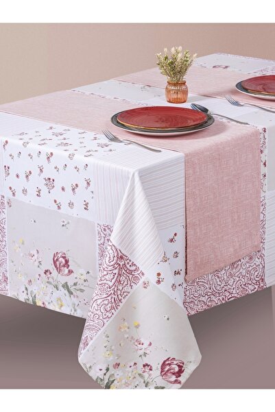 Cotton Box Baskılı Masa Örtüsü Seti Adela Pembe 160X180