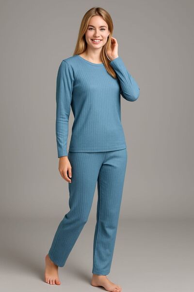enmodaiçgiyim Blue Striped Women's Pajama Set – Long Sleeve, Comfortable Fit, Soft Fabric, Stretchy