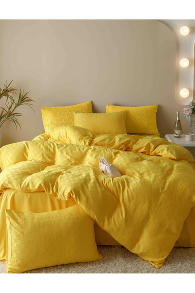 JOJO HOME Bed Linen, 2 Persons, 6 Pieces, Fine Jacquard, Yellow
