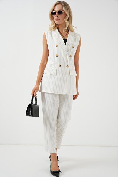 Zübeyde Sayın Striped Fabric Bottom Top Vest Set