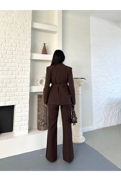 buqre's moda Women's Tie-Up Belted Shawl Collar Blazer Jacket Flared Leg Stretchy Pants Suit
