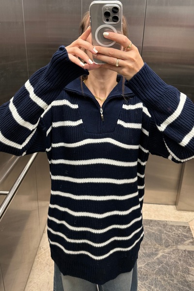 Noi Belis Смугастий напівзакритий светр з блискавкою Oversize Midi Boy Triko Kazak AW25KZ0037