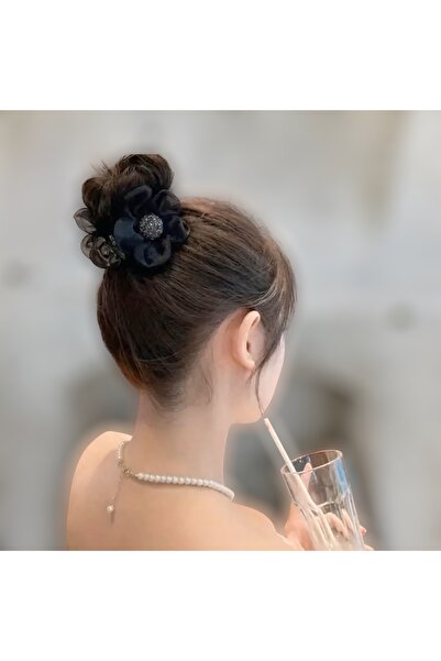 By Saadet Özkanlı Black Organza Flower Detailed Bun Hair Clip Butterfly Hairpin