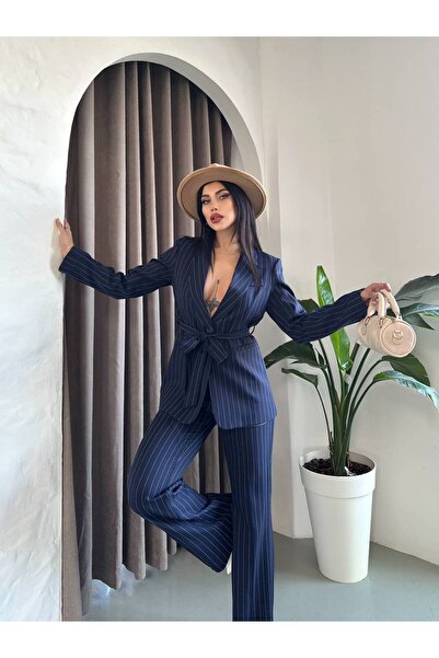 buqre's moda Women's Tie-Up Belted Shawl Collar Blazer Jacket Flared Leg Stretchy Pants Suit