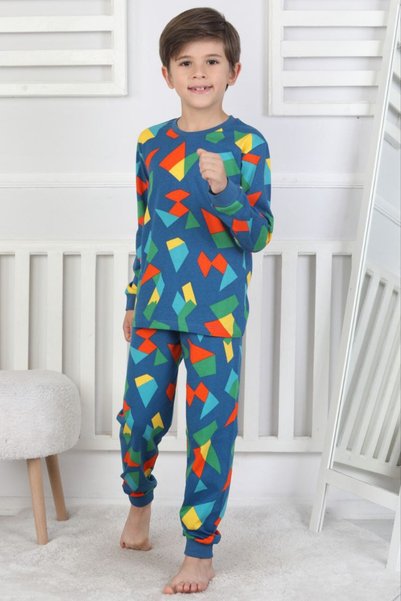 YUMİYUMM Boys' 100% Cotton Tangram Patterned Pajama Set