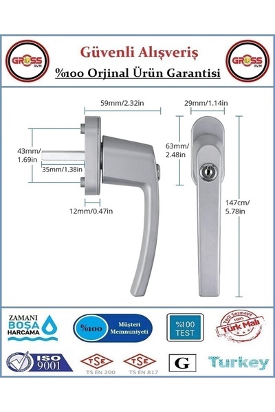 GrossAVM Pimapen Pencere ve Balkon Kapı Kolu - Anahtarlı Kilitli - Tekli