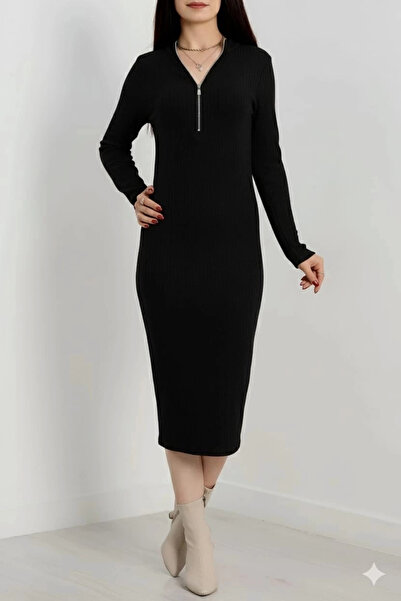 hibiscus Zipper Detailed Corduroy Dress Black A3178
