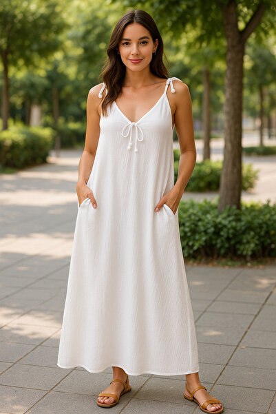 Çeşme Home White Muslin Fabric Shoulder Strap Pocketed Long Maxi Dress