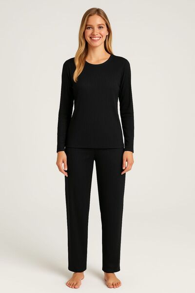 enmodaiçgiyim Black Striped Women's Pajama Set – Long Sleeve, Comfortable Fit, Soft Fabric, Stretchy
