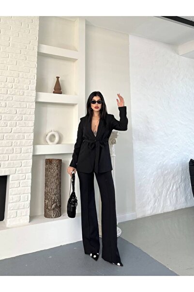 buqre's moda Women's Tie-Up Belted Shawl Collar Blazer Jacket Flared Leg Stretchy Pants Suit