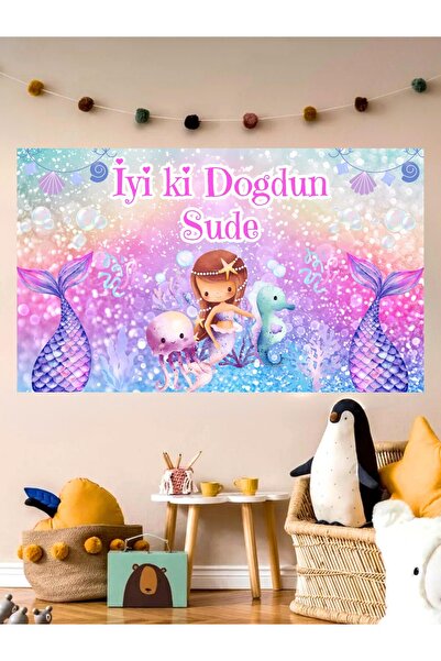 Genel Markalar Kişiye Özel DenizKızı Temalı Özel Doğum Günü Afişi ArkaFonu Vi...