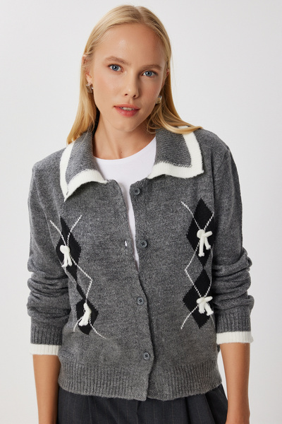 Lovelyİstanbul Baklava Patterned Bow Detailed Knitwear Cardigan Lmt0041 Anthracite