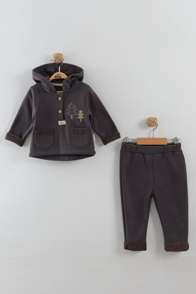 Mini Baray Baby Boy Pine Tree Embroidered Hooded Kangaroo Top and Bottom Set (9-12-18 Months)