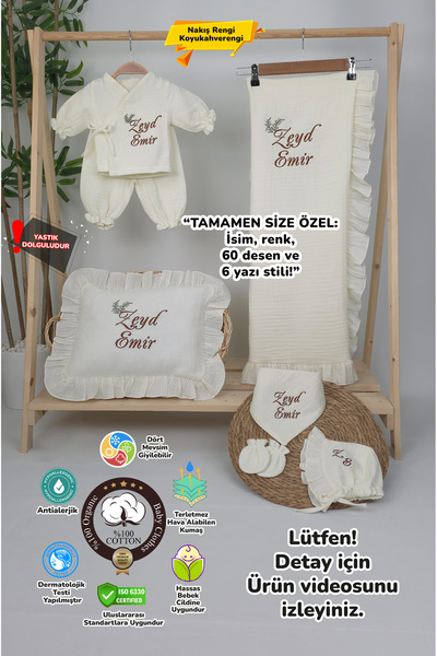 gros shop Müslin Yeni Doğan 4Katlı Organik %100Pamuk Kişiye Özgü Nakışlı Hast...