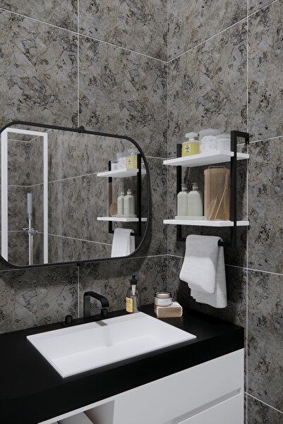 Phobia Duvara Monte Banyo Rafı Siyah Metal | 2 Katlı Havluluk ve Düzenleyici Organizer 40x20 cm